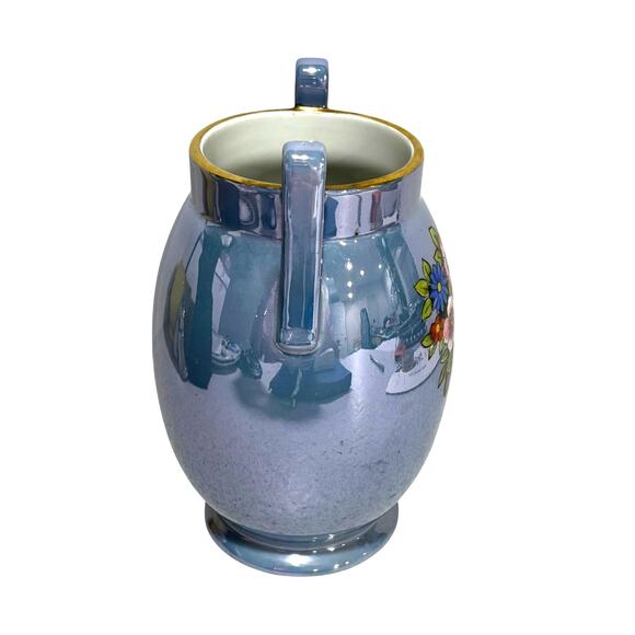 Vintage Japan Vase blue lustre ware urn shape side handles floral decorative - Picture 5 of 9